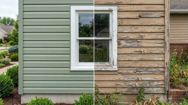 Comparison of old weathered wood siding and new vinyl siding around a window sill.