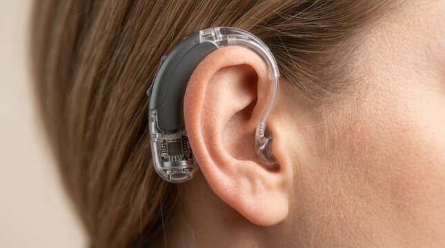 A person wearing a cochlear implant processor for hearing loss management and hearing screening.