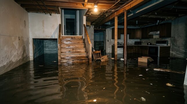 Severe flood damage in a basement with rising water and ruined interior surfaces.