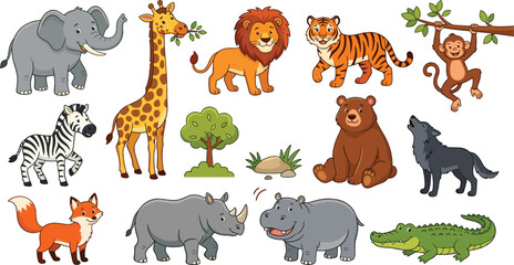Fototapeta premium Cute Cartoon Wild Animal Vector Set Featuring Lion Tiger Elephant Giraffe Monkey and Safari Animals for Kids Designs
