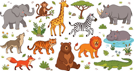 Obraz premium Collection of Cute Wild Animal Characters with Safari and Forest Creatures for Kids Educational Vector Design Projects