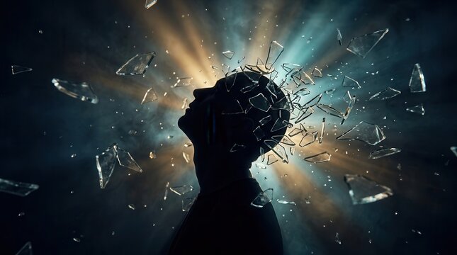Stress and sensory overload conveyed by a person's silhouette surrounded by flying glass shards and blurred light.