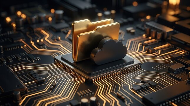 Secure metadata control concept featuring a golden folder-cloud icon atop a computer circuit board.