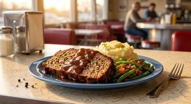 A lifestyle food photograph of a blue-plate special featuring meatloaf with gravy, green beans, and mashed potatoes, set on a Formica diner table during the golden hour. 