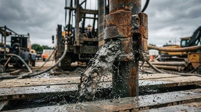 Artesian water flow and mud discharge during deep well drilling over wooden planks.