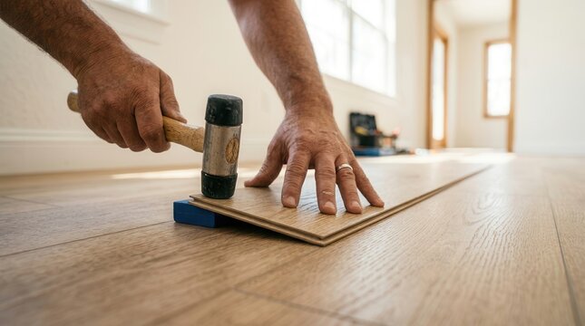 DIY flooring project showing a person installing woodgrain lvp planks with click joints.