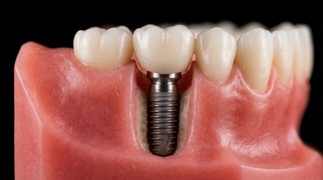 Prosthetic dentistry demonstration of a dental implant with crown and abutment inside a gingival model.