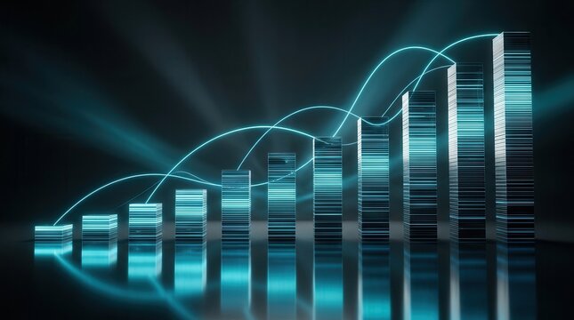 Digital business growth and transformation represented by glowing waveforms and a futuristic graph.