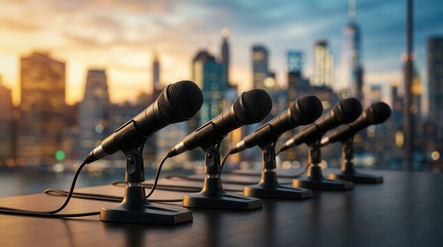 Microphones for a media event and journalism briefing with a blurred city sunset view.