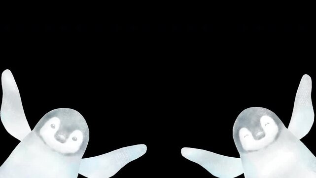 2羽の可愛いペンギンの雛が手を振るフレーム。文字スペース入りのアルファチャンネルのループアニメーション。