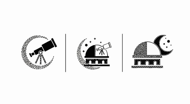 Astronomy and observatory icons with moon and telescope