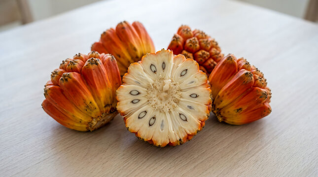 Unique and exotic Hala fruit clusters displayed on a bright table, showing a sliced section with distinct individual segments and inner seeds.