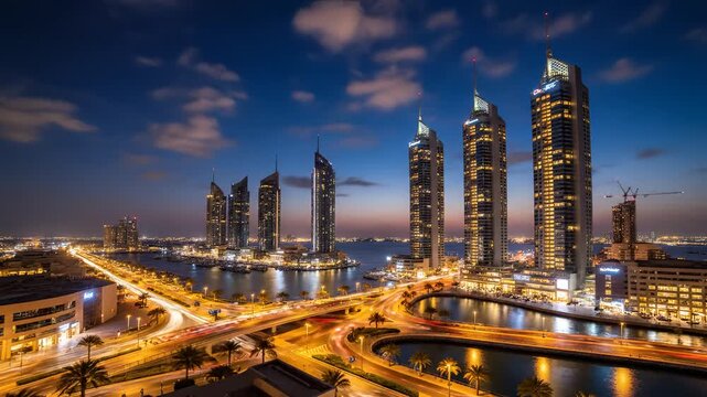 Dubai Skyline at Dusk with Illuminated Skyscrapers and Traffic Trails.
