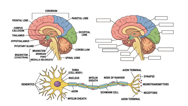 Detailed Human Brain Anatomy and Labeled Neuron Structure Diagram for Medical Education, Neuroscience Learning, and Biological Study Visualization