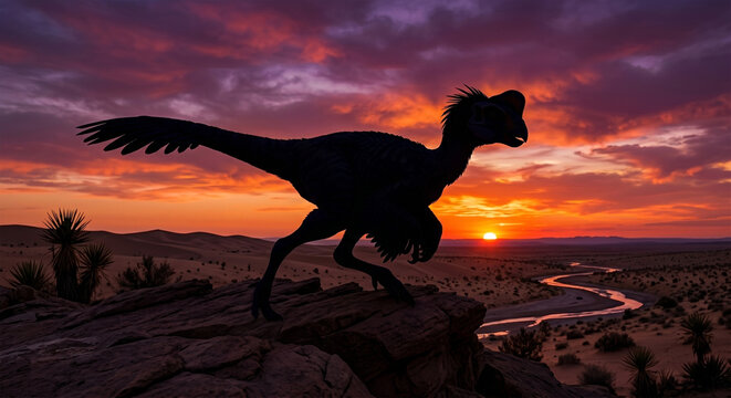 A dramatic silhouette of an Oviraptor standing on a rocky desert outcrop at sunset. 