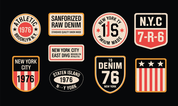 Vintage denim typography badges vector set for casual apparel print and merchandise design