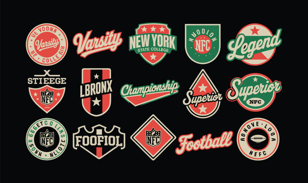 Varsity sports patch emblems vector set for collegiate t-shirt print and team clothing design