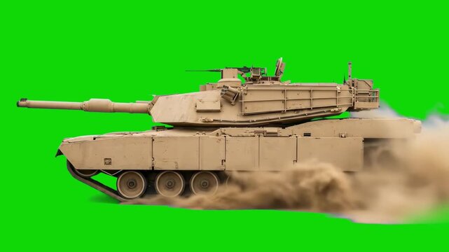 A heavy desert-colored M1A2 Abrams main battle tank drives forward, kicking up thick clouds of dust and sand. This realistic 3D animated combat vehicle is isolated on a chroma key green screen.