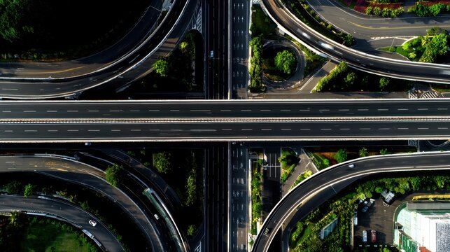 Aerial View of Complex Highway Interchange Surrounded by Lush Greenery and Urban Landscape at Sunset