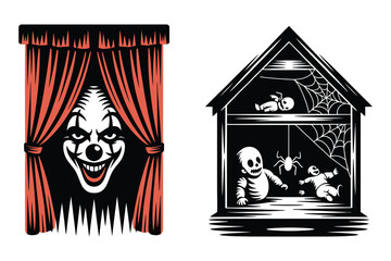 Scary clown behind curtains and haunted house with skeletons and spiders, halloween