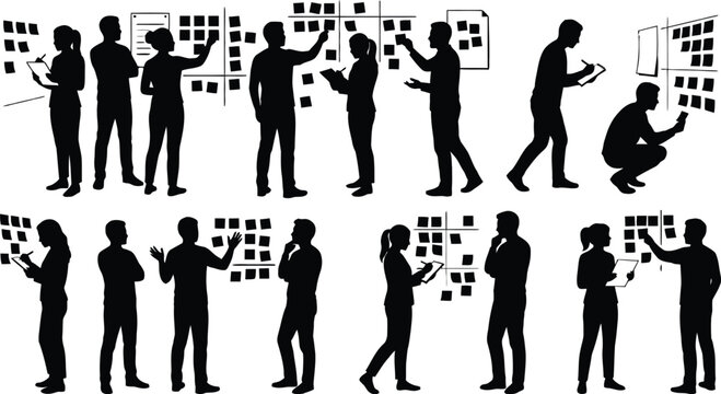 People collaborating with sticky notes on wall isolated on white background, Vector