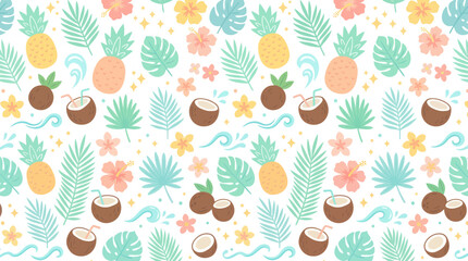 Naklejka premium Tropical Summer Vacation Flat Vector Seamless Pattern with Pineapple, Coconut, Palm Leaf, and Flowers