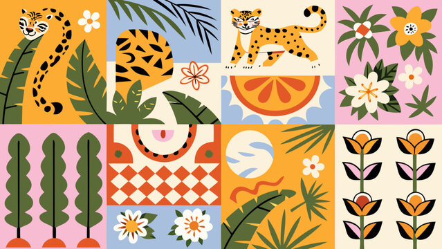 Colorful patchwork illustration with tigers flowers and tropical foliage