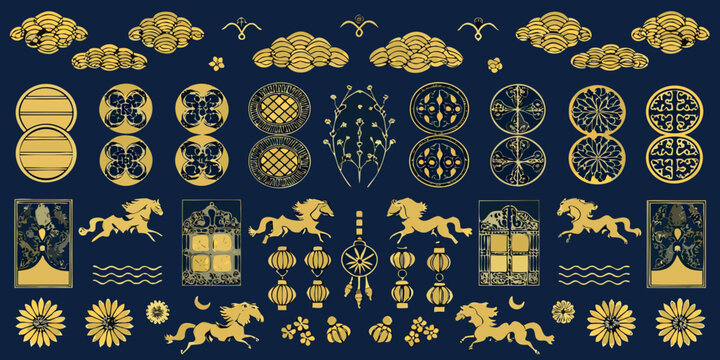 gold japanese pattern with clouds horses and floral motifs