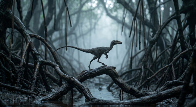 An atmospheric, low-angle shot in a misty coastal mangrove forest, showing a tiny Compsognathus cautiously balancing on a wet, twisted root. 
