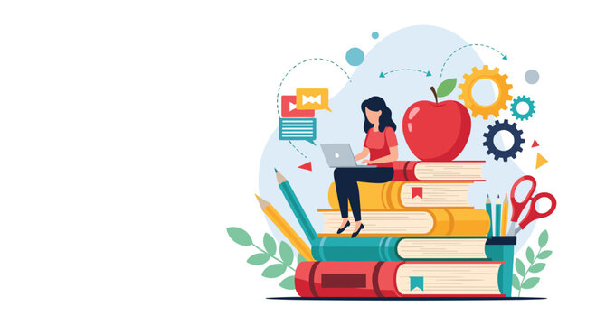 Student girl uses a laptop while sitting on a tall stack of books surrounded by colorful education and creativity icons.