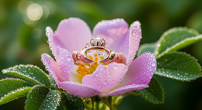 Rose gold claddagh ring resting inside a pink flower with dew drops