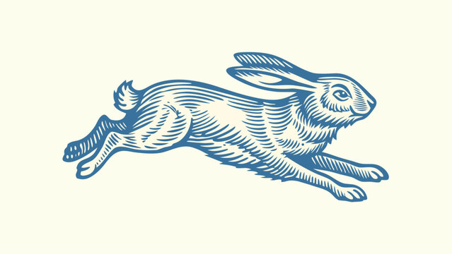 Running hare illustration vintage engraved style on white background