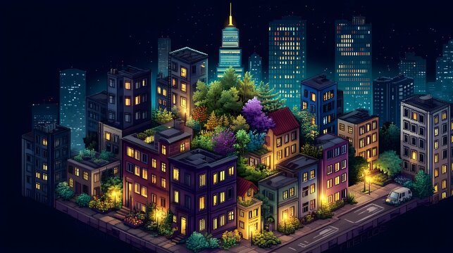 Pixel Art Isometric Cityscape at Night with Glowing Windows and Lush Greenery