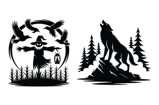 Scarecrow with crows and lantern and wolf howling on rocky mountain, scarecrow