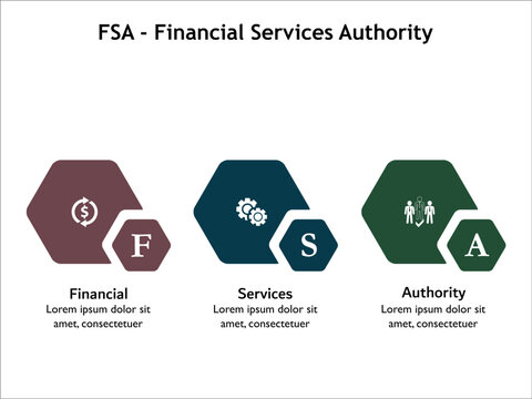 FSA - Financial Services Authority acronym. Infographic template with icons and description placeholder
