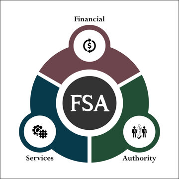 FSA - Financial Services Authority acronym. Infographic template with icons and description placeholder