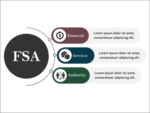 FSA - Financial Services Authority acronym. Infographic template with icons and description placeholder