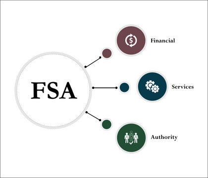 FSA - Financial Services Authority acronym. Infographic template with icons and description placeholder