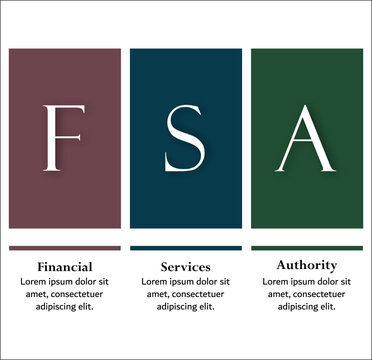 FSA - Financial Services Authority acronym. Infographic template with icons and description placeholder