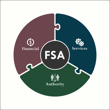 FSA - Financial Services Authority acronym. Infographic template with icons and description placeholder