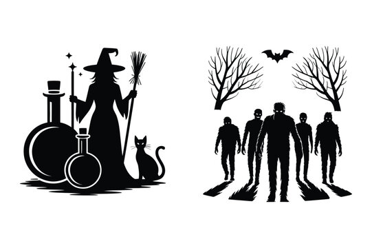 Witch with cat and potions zombies walking halloween illustration silhouette