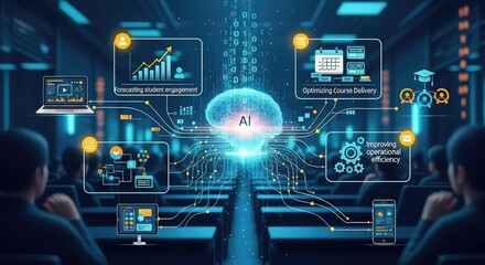 Fototapeta premium People in a futuristic control room with ai interface and data visualization screens