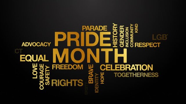pride month concept Animated Tag Word Cloud kinetic typography, Text Design Animation typography seamless loop video motion graphics Intro Wordart arrangement tagcloud golden type on black background 