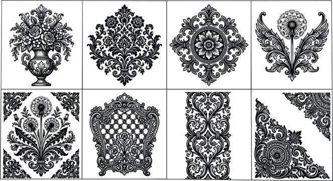 Black Vintage Floral Ornament Pattern Set Vector Illustration For Baroque Decoration Wedding Invitation And Elegant Design
