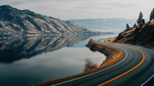 Scenic winding road beside a serene lake with mountains reflecting in calm water under a cloudy sky in the early morning light