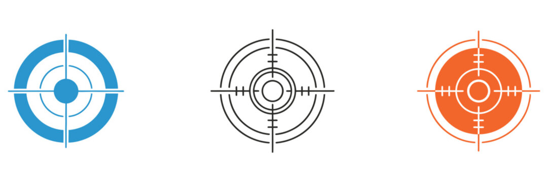 Target Icon, modern aim and focus symbol collection featuring blue, black, and orange crosshair designs, isolated illustration ideal for business strategy and precision concepts.