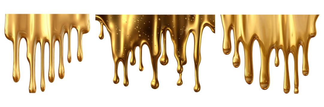 Set of Three Golden Liquid Dripping Textures Isolated on White Background - Honey or Molten Metal Flow Collection for Luxury Design and Decoration
