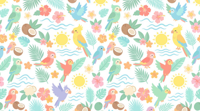 Cute Cartoon Tropical Summer Vacation Seamless Pattern with Cheerful Parrots, Coconuts, Palm Leaves  Hibiscus