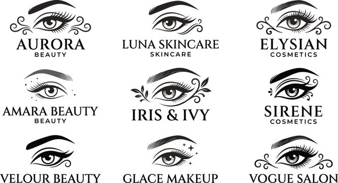 Elegant beauty salon logo design templates vector collection with female eyes eyebrows and eyelashes for luxury lash extensions branding.