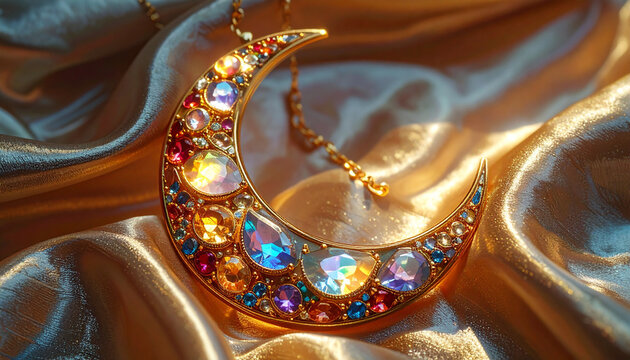 Elegant crescent moon pendant adorned with colorful gemstones on silk
